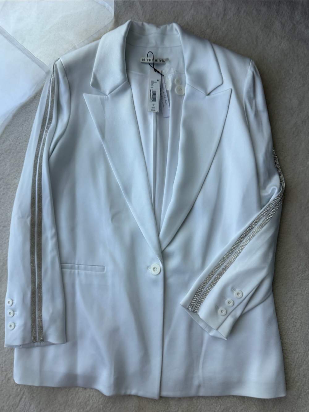 BNWT Alice + Olivia White Shiny Rhinestone Embellished-Trim Blazer